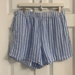H&M Blue and White Striped Women's Shorts 100% Linen Medium Beach Nautical